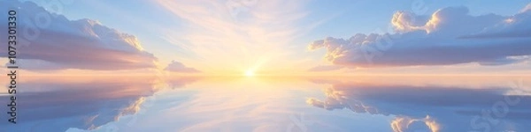 Fototapeta peaceful lakeside vista, celestial sky mirrored below, wispy cloud patterns, golden sunlight peeking through, minimalist shoreline, hyper-realistic digital painting