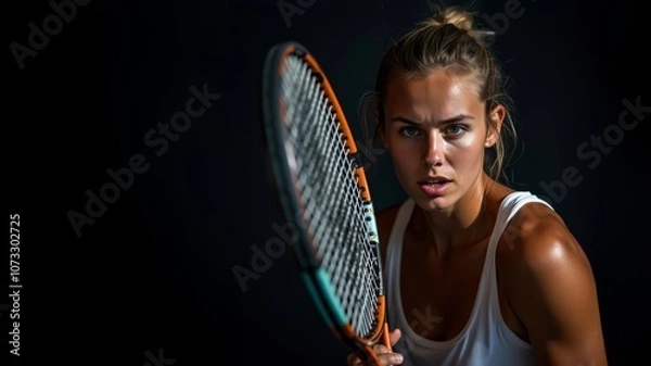 Fototapeta Female tennis player in action. Intense gaze and expression. Woman dedication to sport. Challenge, motivation and determination concepts.