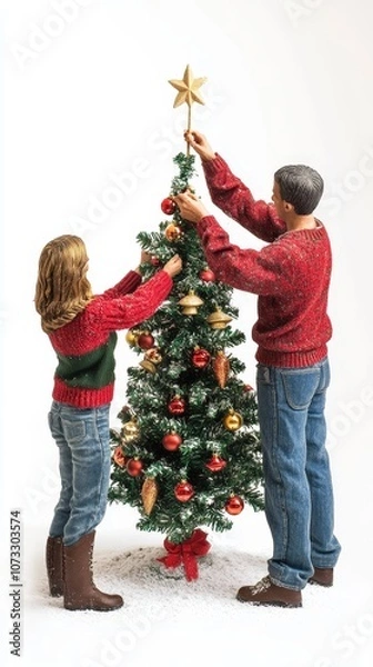 Fototapeta A family decorates a Christmas tree with ornaments and a star on top for the holidays, isolated on white background.