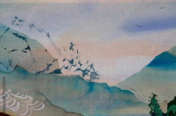 Obraz Landscape with mountains, fragment, hot batik, handmade abstract surrealism art