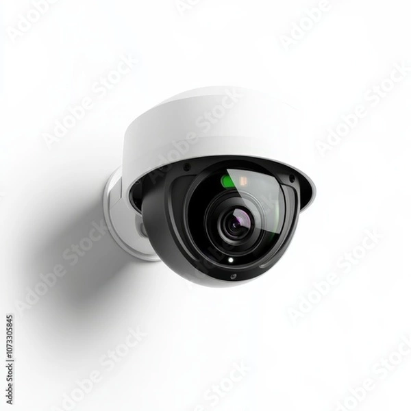 Fototapeta Modern security camera on a white wall for surveillance and safety monitoring, isolated on white background.