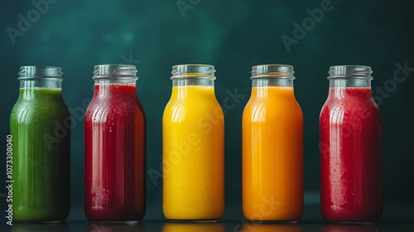 Fototapeta Green, yellow, orange and red smoothie in glass bottles
