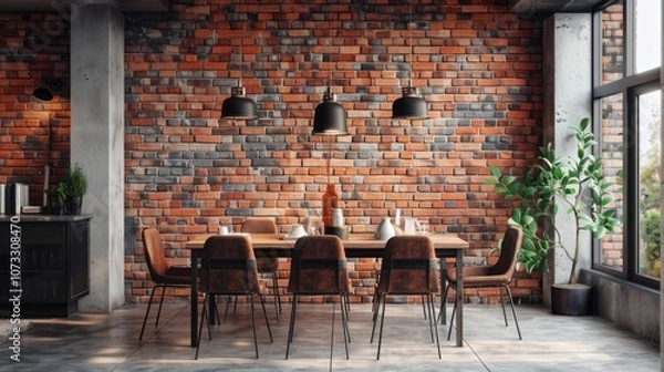 Fototapeta A rustic dining table with a warm wood surface sits against a red brick wall, illuminated by a spotlight from above. The cozy setup combines natural textures with industrial charm.