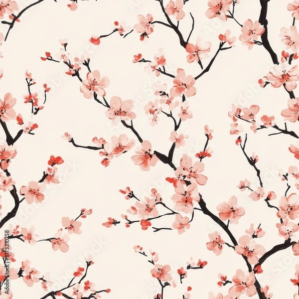 Fototapeta Vintage Spring cherry blossom pattern on vintage beige fabric background, seamless repeating pattern, textile print style, minimal, Spring design, seamless cherry blossom pattern, home decor, textiles
