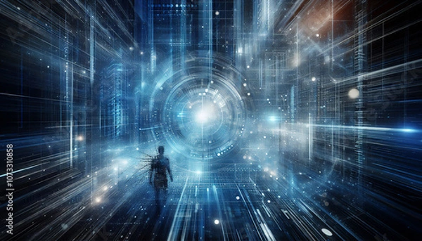 Obraz テクノロジーの世界の中に入り込んでいく人間をイメージした抽象的イラスト