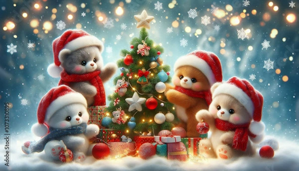 Obraz クリスマスを楽しむ動物たちのイラスト