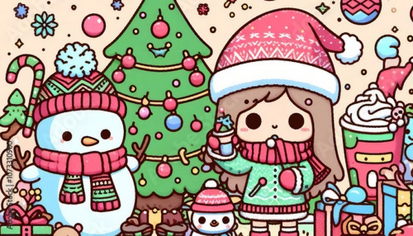 Fototapeta クリスマスを楽しんでいる女の子のイラスト