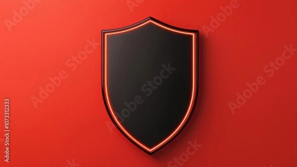 Fototapeta A modern black shield with a neon orange outline against a vibrant red background.