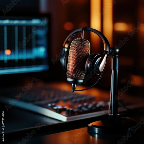 Fototapeta A stylish microphone paired with headphones, set against a backdrop of sound equipment, conveying a professional audio recording environment.