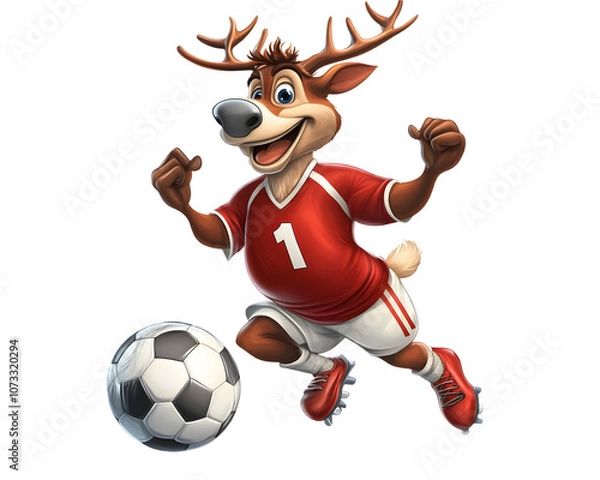 Fototapeta A cheerful cartoon deer wearing a red jersey and kicking a soccer ball, showcasing energy and enthusiasm for the game, isolated on a white background.