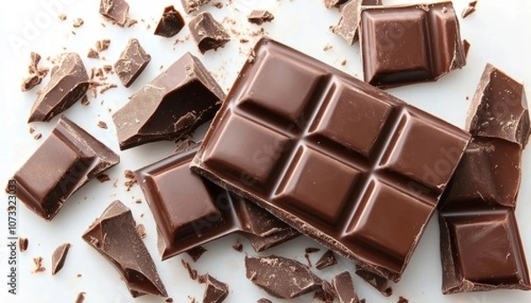 Obraz Indulgent Chocolate Fantasy A Scattered Arrangement of Broken Dark Chocolate Bars on White