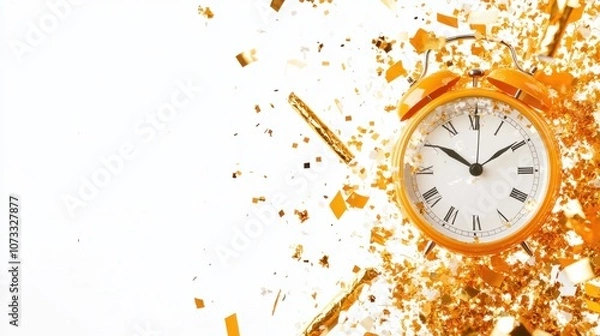 Fototapeta New Year celebration flat lay with clock, golden party poppers, and confetti, isolated on white