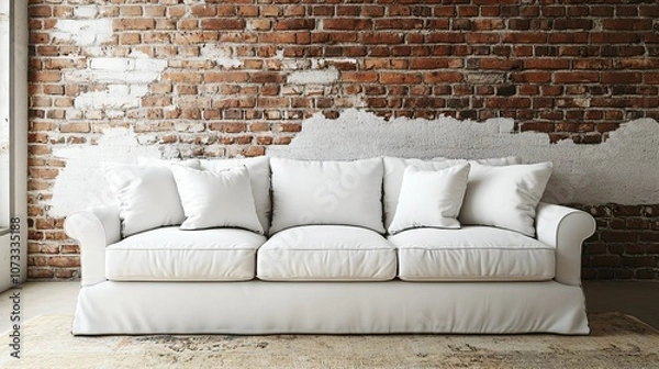Fototapeta White sofa with cushions on a brick wall background, modern loft-style interior design
