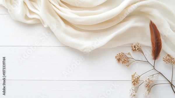 Fototapeta 花と布で飾られたミニマリストフラットレイ