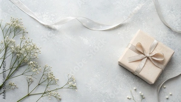 Fototapeta A simple and elegant composition with a wrapped gift box, delicate white flowers, and a satin ribbon, on a light textured background.