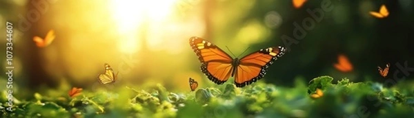 Obraz A serene scene with butterflies fluttering around lush greenery, illuminated by soft sunlight, creating a tranquil, natural atmosphere.
