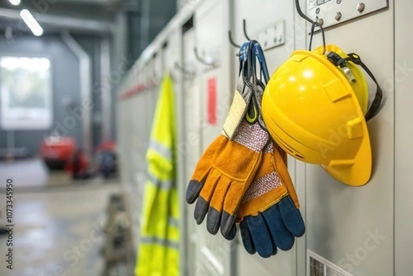 Obraz Safety gear including a hard hat and gloves is neatly hanging in a designated locker area within an industrial facility, emphasizing workplace safety and organization during operational hours.