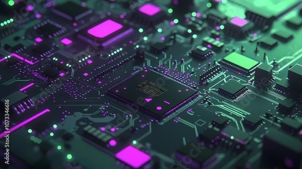 Obraz Dynamic texture of microchip circuits, highlighted by a metallic sheen, offering a high-tech, futuristic backdrop for multiple uses
