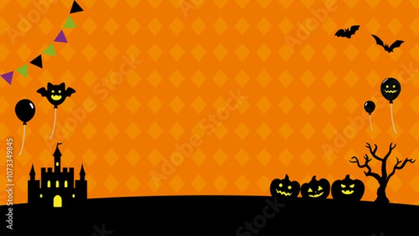 Fototapeta 風船とチェック模様のハロウィンバナー背景_フルHDサイズ_16.9