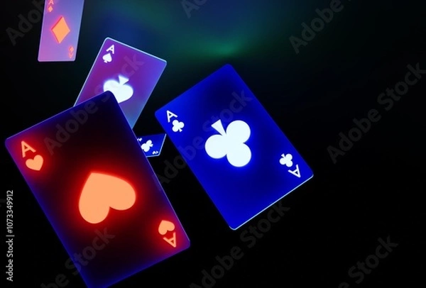 Fototapeta Glowing casino cards game on dark black background - 3d render. Flying cards for online casinos and mobile gambling applications, poker - winner, wealth concept