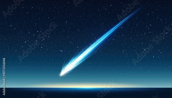 Obraz Starry night with glowing blue shooting star, calm and expansive celestial view, deep space gradient background