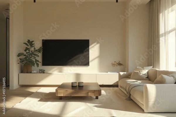 Fototapeta Modern living room with big TV and sofa in light beige tones. Neural network ai generated art