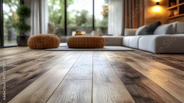 Fototapeta Photo of a small rat on the floor in a modern kitchen with white tiles and sleek countertops, emphasizing the contrast between a clean, contemporary home setting and the presence of an unexpected rode