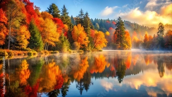 Fototapeta Autumnal Reflections on a Misty Lake, Where Golden and Crimson Hues Dance on the Surface