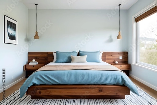 Obraz Minimal aesthetic blue bedroom with a double bed and simple modern decor.