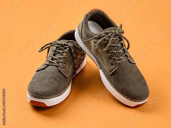 Obraz Laced up khaki canvas shoes over orange background. Pair of new brown textile shoes with white soles for active lifestyle, fitness and sports.