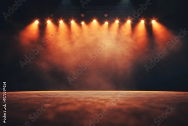 Fototapeta A dimly lit stage with warm, orange spotlights and a smoky atmosphere, creating an inviting ambiance for a performance.