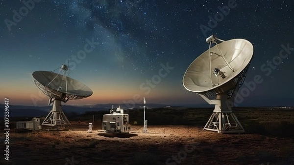 Fototapeta Earth receiving station in a remote desert location, where satellite signals are decoded and transmitted to control centers. The scene symbolizes global connectivity and the seamless flow of informati