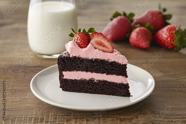 Fototapeta A delicious chocolate cake with pink frosting and fresh strawberries served on a rustic wooden table with milk