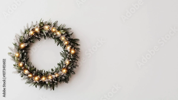 Fototapeta A decorative wreath adorned with lights and greenery against a simple background.