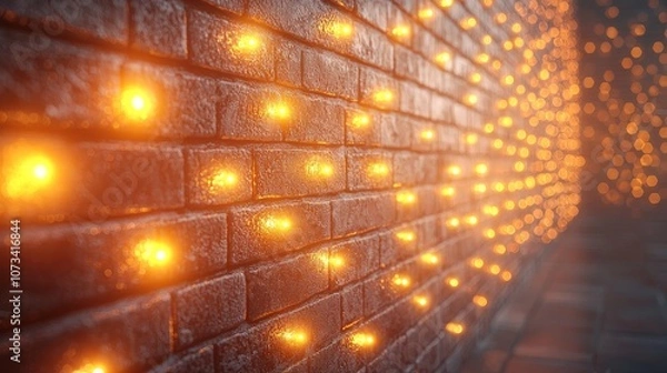 Fototapeta A close-up view of a brick wall adorned with warm, glowing lights for ambiance.