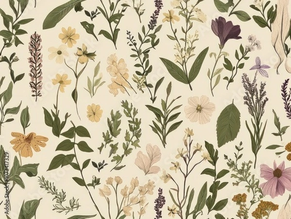 Fototapeta A detailed botanical seamless pattern with hand-drawn flowers, herbs, and medicinal plants, in soft earthy tones, offering a natural, organic feel perfect for eco-conscious packaging or home decor