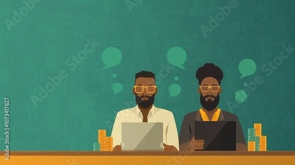 Fototapeta Two users analyze data and exchange market insights in a contemporary office environment. Generative AI