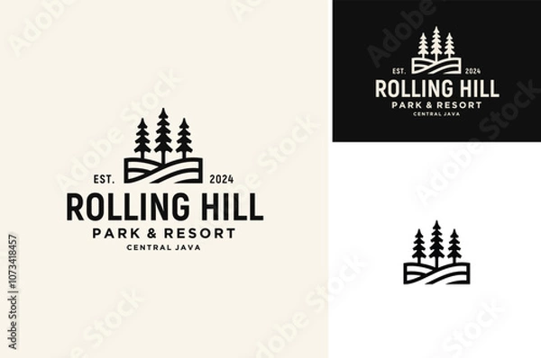 Fototapeta Silhouette of three pines tree similar with evergreen fir conifer spruce cedar larch cypress. Forest Rolling Hill Landscape classic vintage logo design