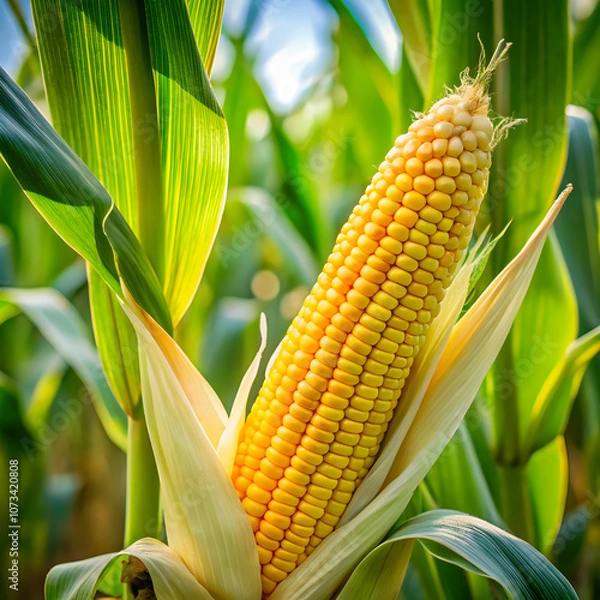 Fototapeta A fresh, golden corn stalk, featuring green husks