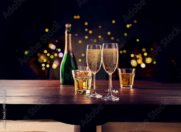 Fototapeta Two champagne flutes filled with sparkling wine are on a wooden table with a bottle of champagne, two glasses of liquor, and a blurry background of lights.