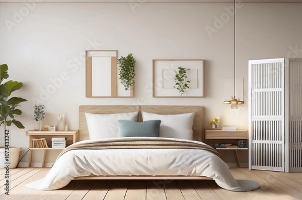 Obraz Interior of bedroom with bed, shelving unit and folding screen