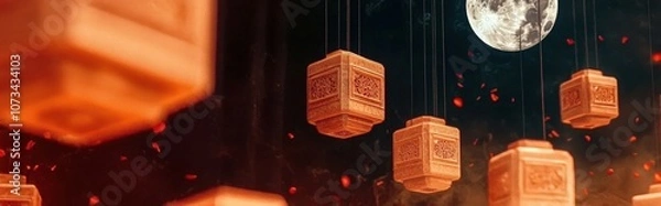 Fototapeta Celebrate Lunar New Year With Vibrant Red Lanterns Beneath a Glowing Full Moon