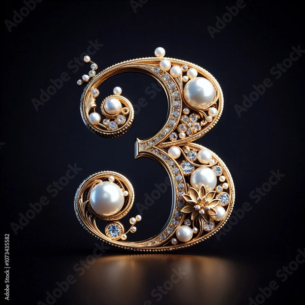 Fototapeta 3. Number three in the form of a luxurious openwork jewelry made of gold, decorated with precious stones, diamonds and pearls. On a black background.