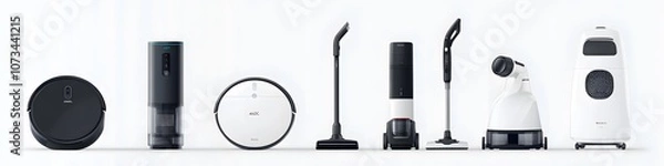 Fototapeta Assortment of high-tech home cleaning appliances such as a robot vacuum, handheld steamer, and cordless vacuum, arranged side by side on a white background. Vector art, 4k resolution,