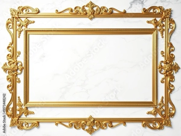 Fototapeta Golden rectangular frame with intricate details on a luxurious white marble background, frame, elegant