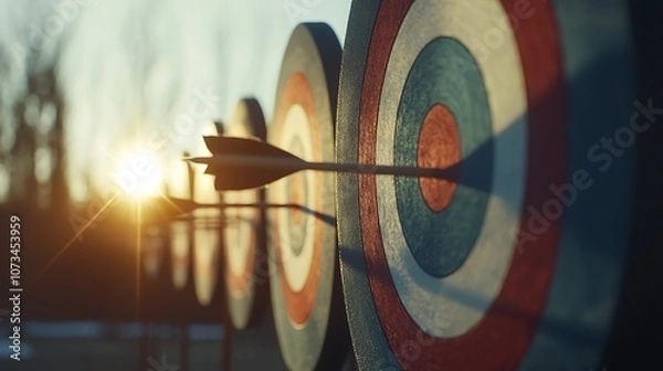 Fototapeta The image shows a close-up of an arrow striking a target, with multiple targets visible in the background under a warm sunset glow.