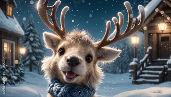 Fototapeta  reindeer with bright eyes and a cozy scarf, posing amid a snowy landscape. The softly glowing houses in the distance add a sense of holiday magic and warmth.