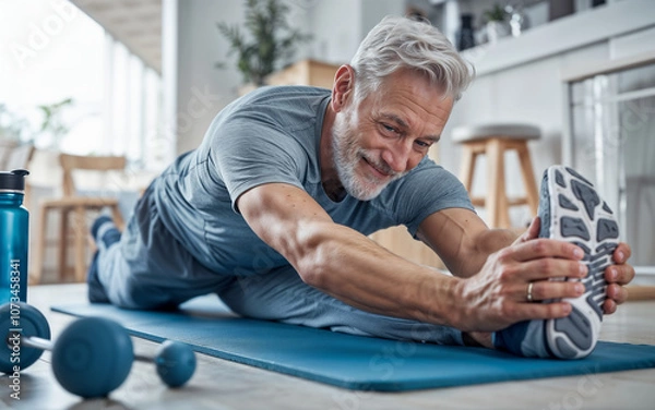Fototapeta An older man with gray hair and a beard performs a stretching exercise on a yoga mat in a home or studio setting, showcasing determination and focus