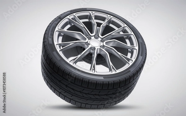 Fototapeta A single car wheel and tire with a sleek, multi-spoke alloy design and shiny metallic finish displayed on a plain white background. Ideal for car accessories, car enthusiasts and tire retailers