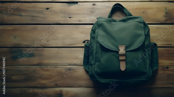 Fototapeta  A dark green adventure backpack with a vintage buckle closure and a sturdy exterior, making it perfect for travelers and outdoor enthusiasts.
